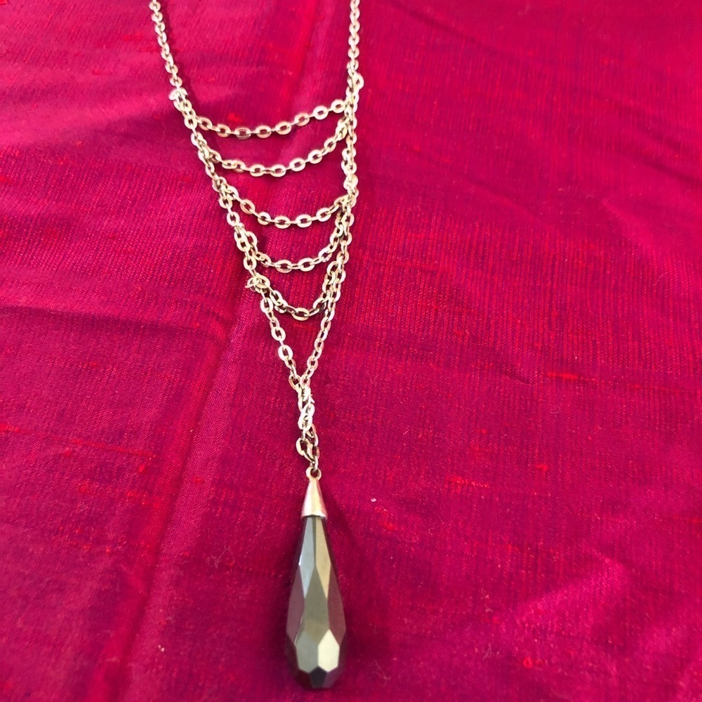 Silver Layered Chain Necklace with Black Teardrop Pendant - Picture 9 of 9
